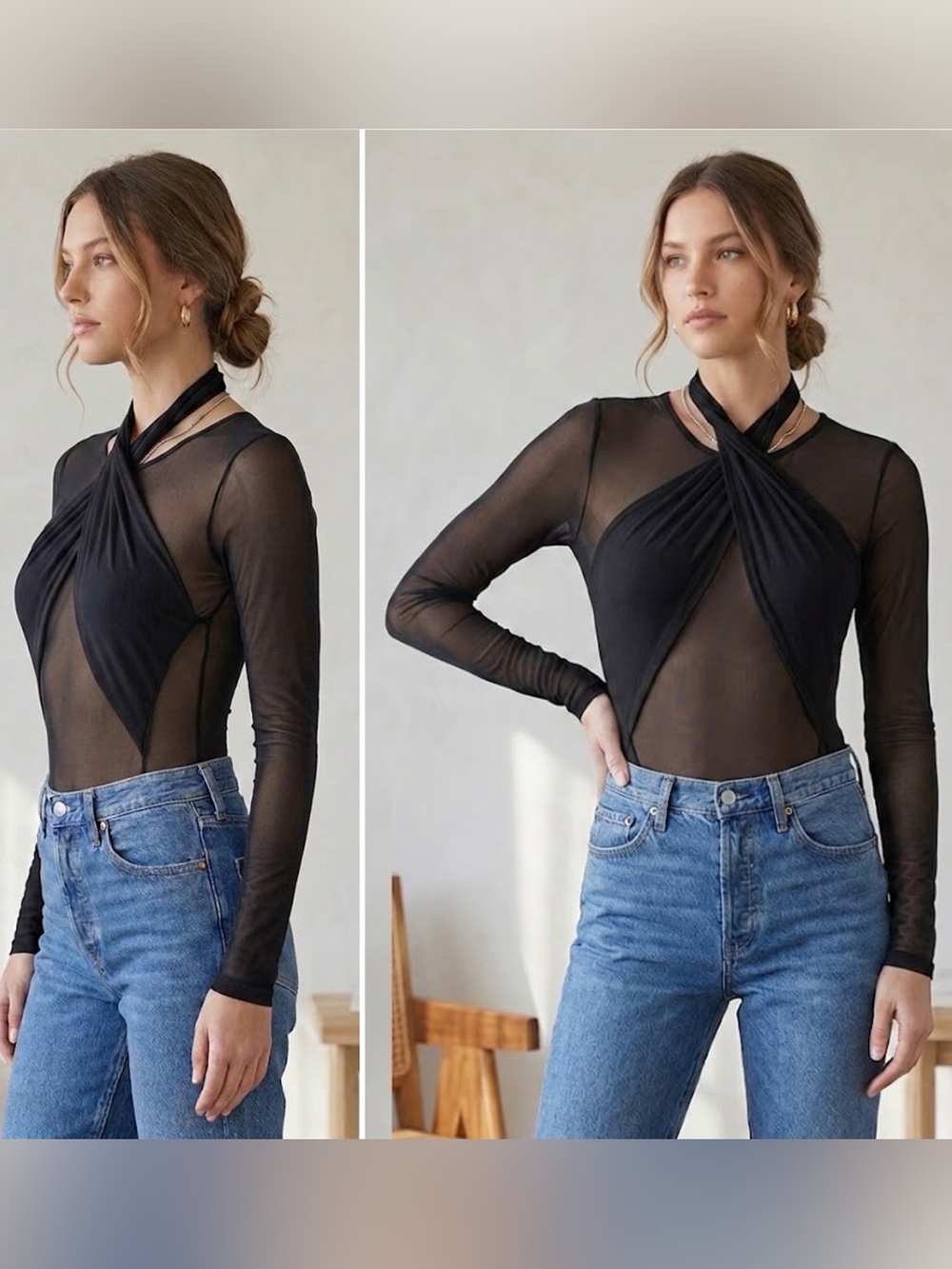 NEW LUX LA BLACK SEMI SHEER TWIST WRAP HALTER LONG SLEEVE BODYSUIT M ⚡️ STUNNING
